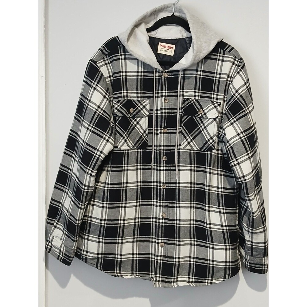 Wrangler Authentics Hoodie Button Down Quilted Lined Flannel Jacket Men Size L